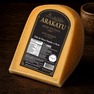 Peça de Gouda Arakatu Extra-Maturado (1,5 kg) embalada a vácuo com rótulo