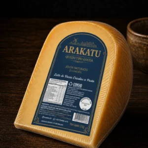 Peça de Gouda Arakatu Jovem-Maturado (1,5 kg) embalada a vácuo com rótulo