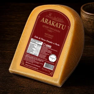 Peça de Gouda Arakatu Maturado (1,5 kg) embalada a vácuo com rótulo