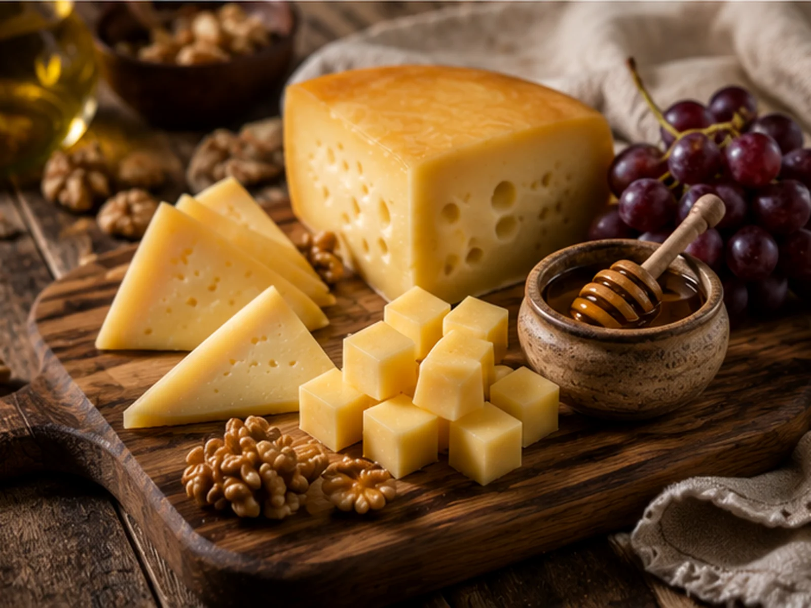 Tábua de queijo tipo Gouda Arakatu com uvas, nozes e mel