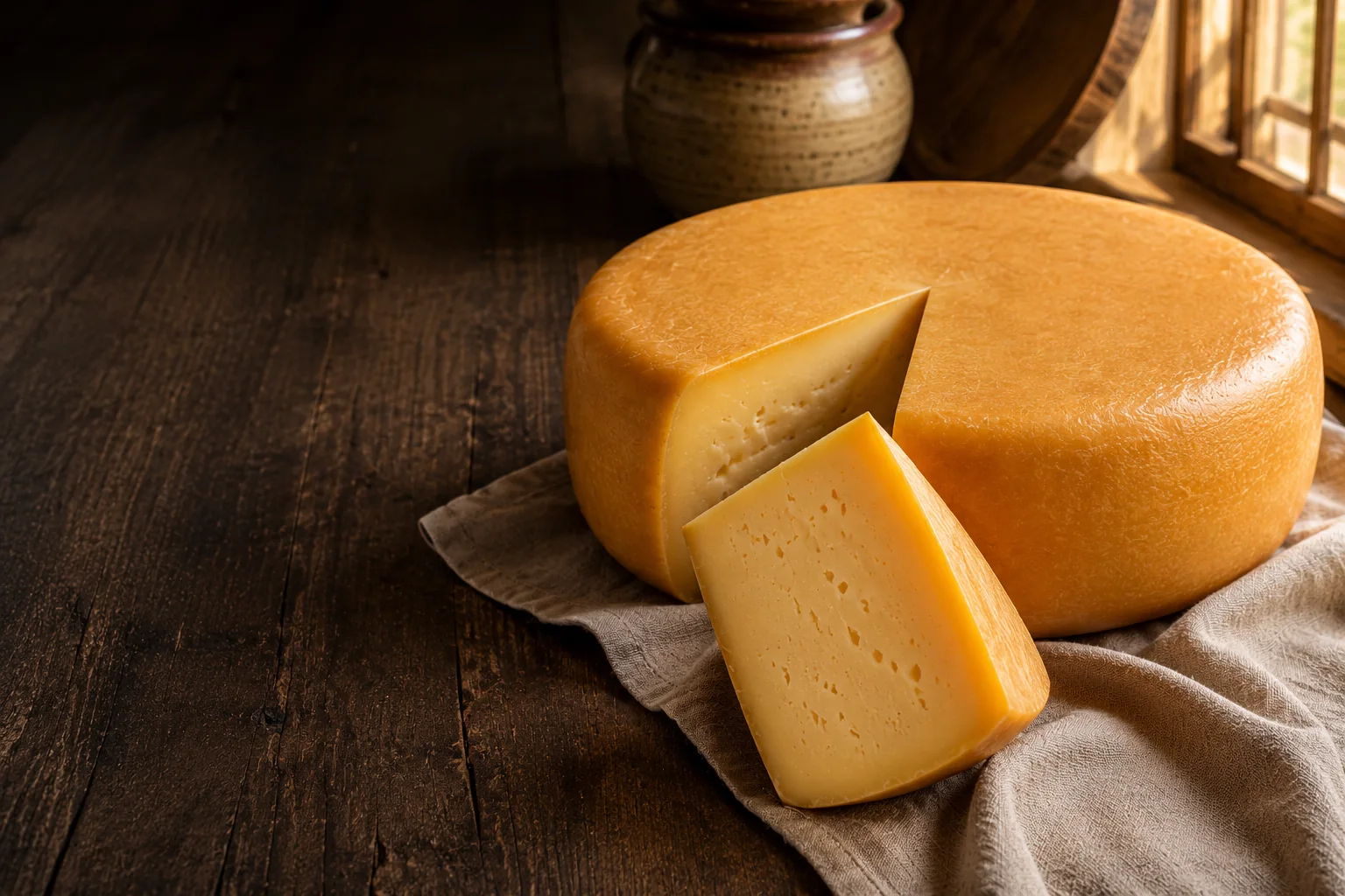 Roda de queijo tipo Gouda Arakatu com cunha cortada, mostrando a massa e as olhaduras