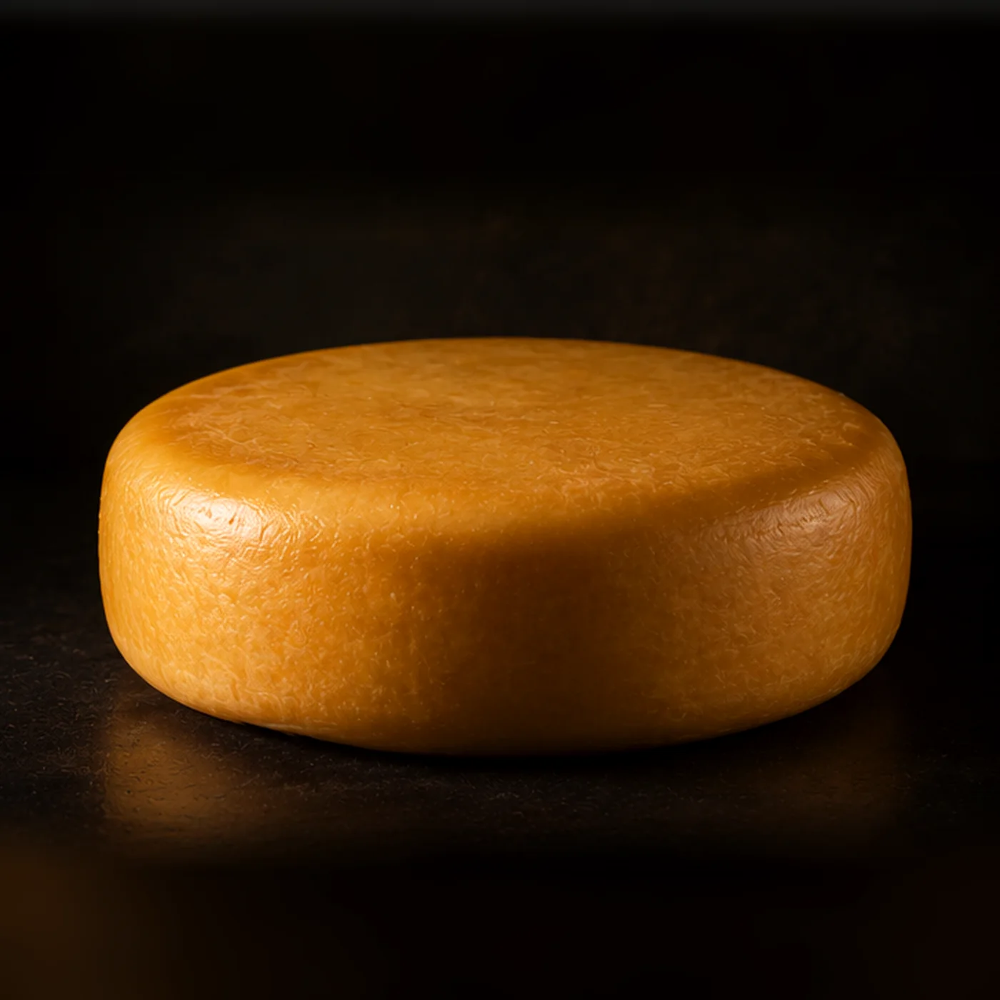 Roda de queijo tipo Gouda Arakatu em fundo escuro, premium